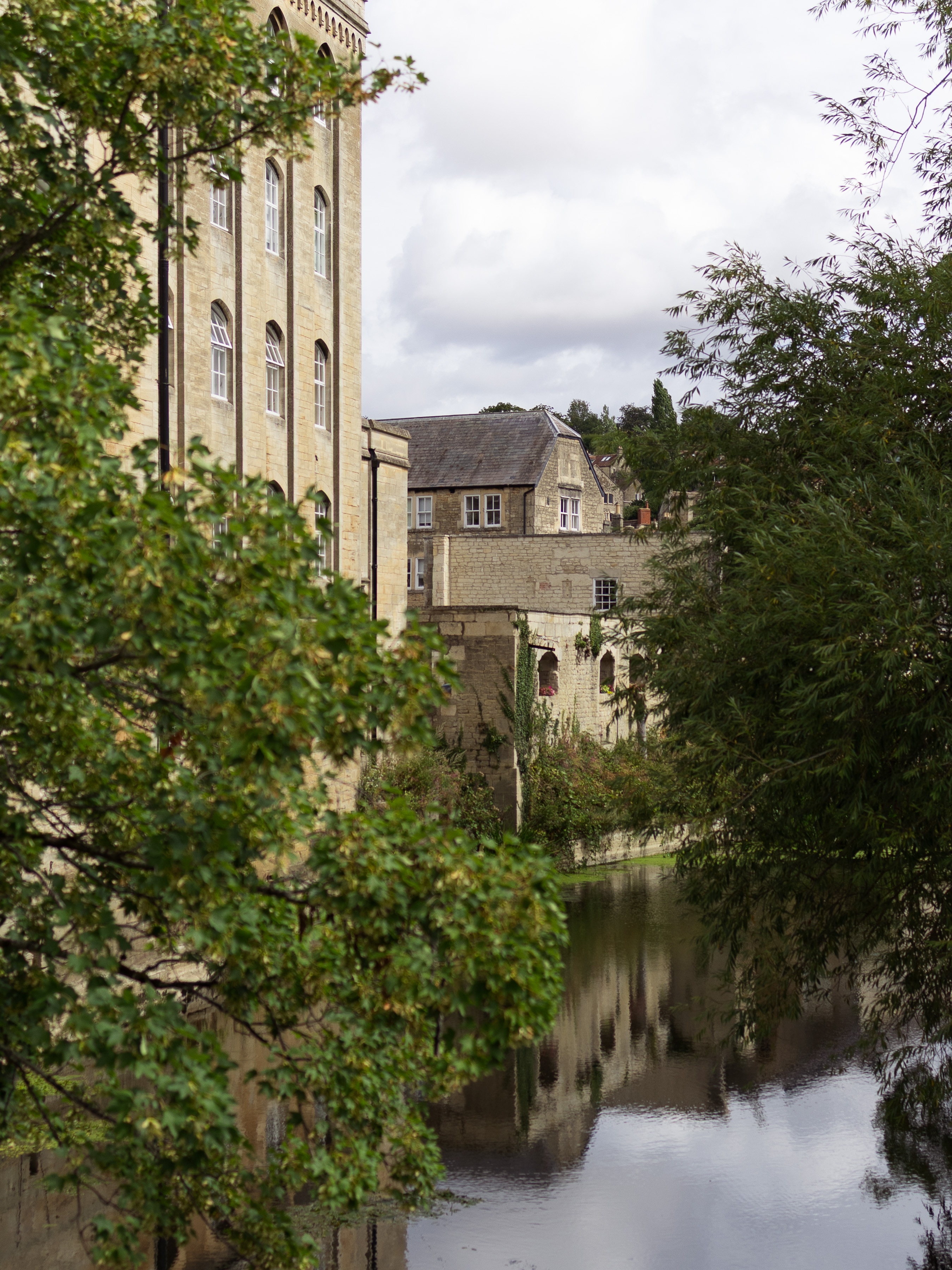 Bradford-on-Avon, tall honey-stone former cloth mill with rows of arched Georgian windows rising above a still river, framed by overhanging maple and willow, with gabled stone cottages and a terraced garden wall on the bank beyond